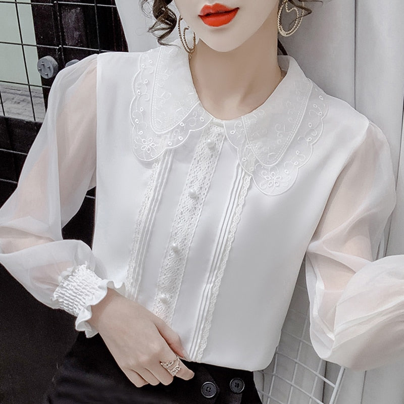 Vit Dam Blus med Illusionshals Lång Ärmar Syntetfiber-3