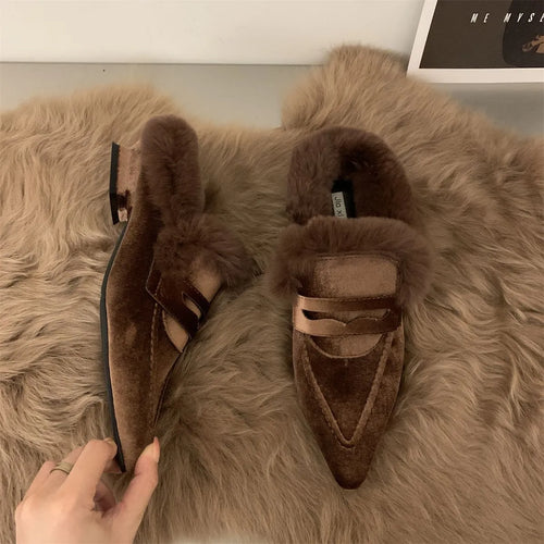 Dam Mules Flockmaterial Låg Häl Fyrkantig Gummisula-1