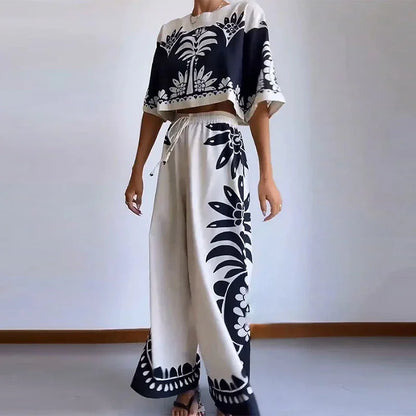 Dam Blommig Uppsättning Bredbyxor 100% Polyester-3