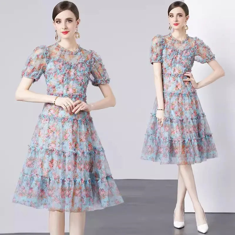 Kvinnors Midi Klänning A-Linjeformad Ruffles Bomull-4