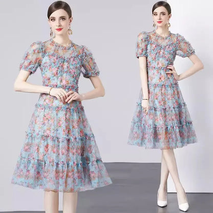 Kvinnors Midi Klänning A-Linjeformad Ruffles Bomull-4