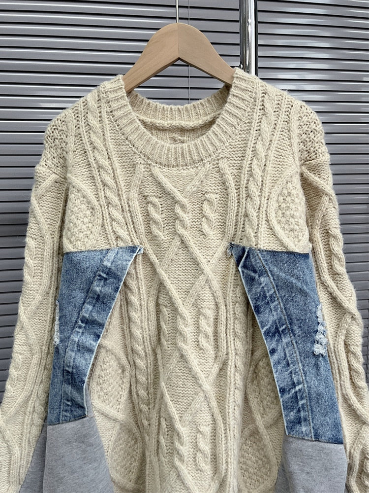 Dam Tröja Långärmad Patchwork Polyester Akryl Bomull-2