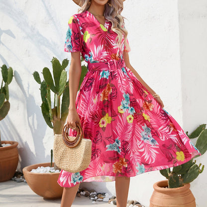 Kvinna Veckad Klänning Blommönster Polyester 7