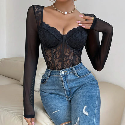 Dam Bodysuit Långärmad Med Toppapplikation Polyester Spandex-5
