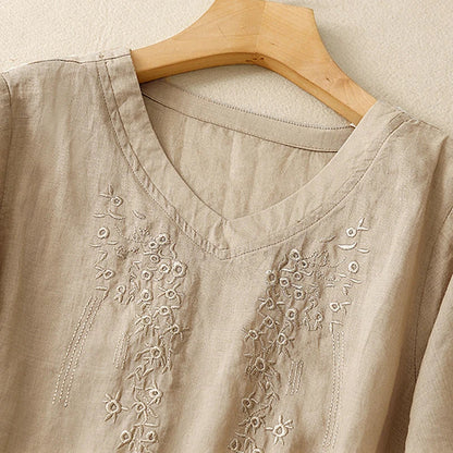 Dam Linneskjorta Broderad Lätt Material-2