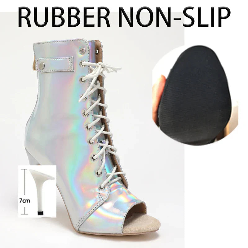 Damstövlar Mid-Calf Läder med Glittrande Detaljer och Hög Häl-6