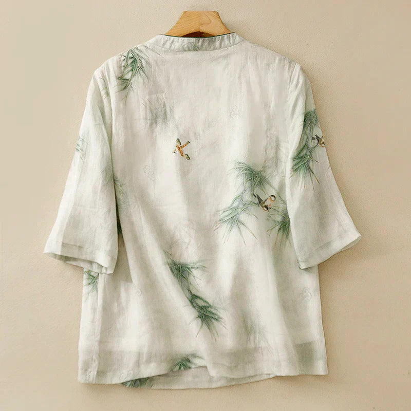 Kvinnors T-Shirt Kortärmad Bomulls- och Linneblandning-5