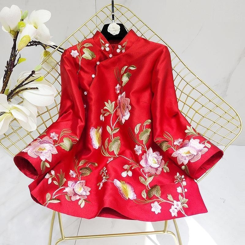 Variant image for Dam Blus Blommigt Broderi Polyester Stativkrage-3
