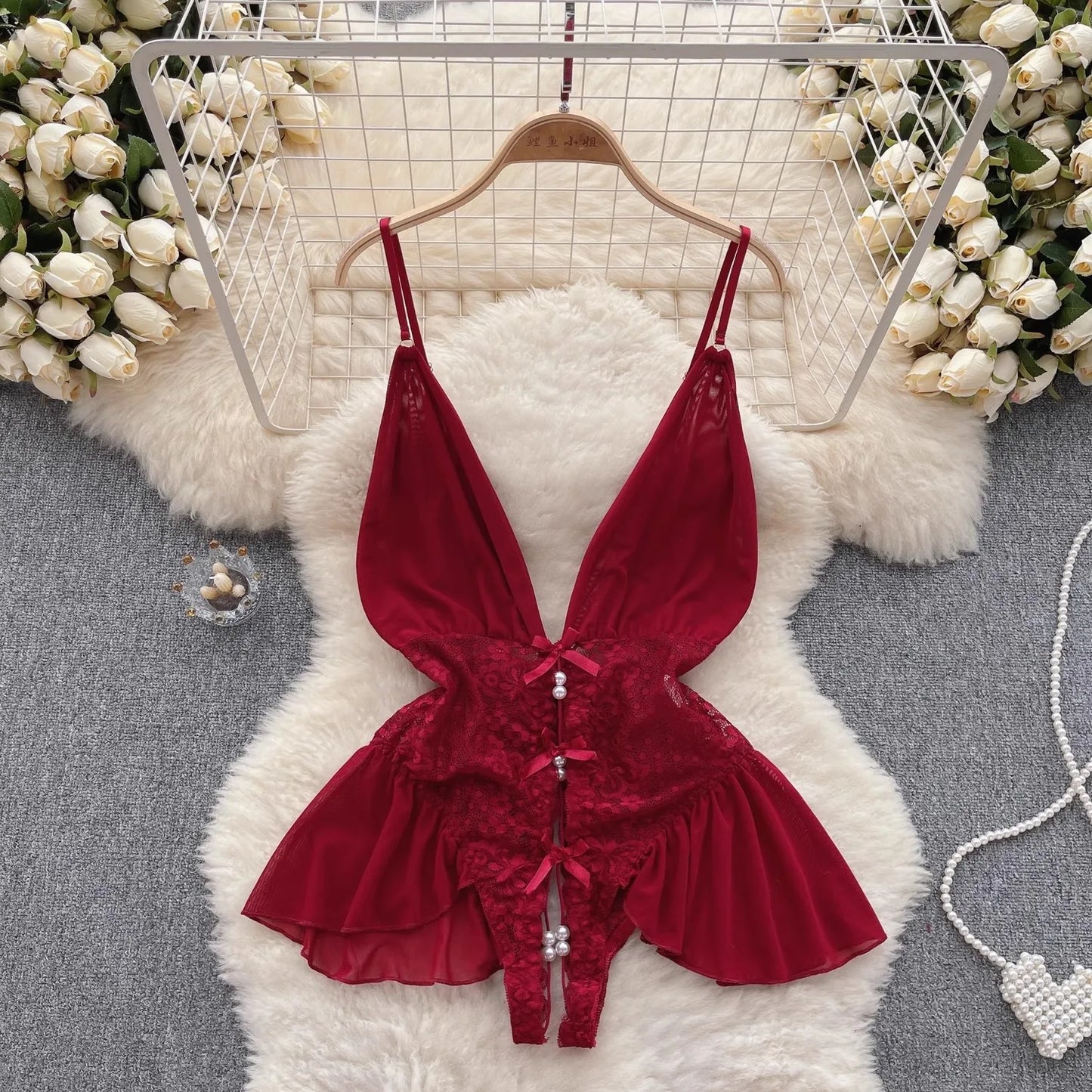 Dam Teddie Blommönster Pärlbroderi Polyester Spandex-1