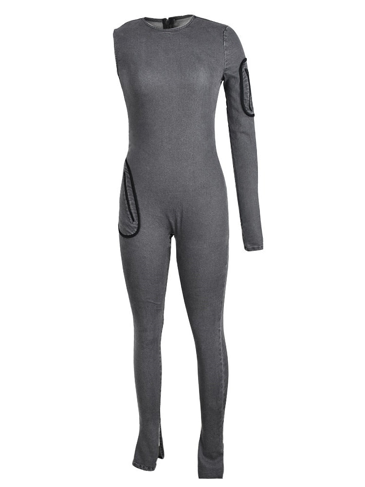 Dam Jumpsuit Mörk Denim Enkel Design Smal Passform-6