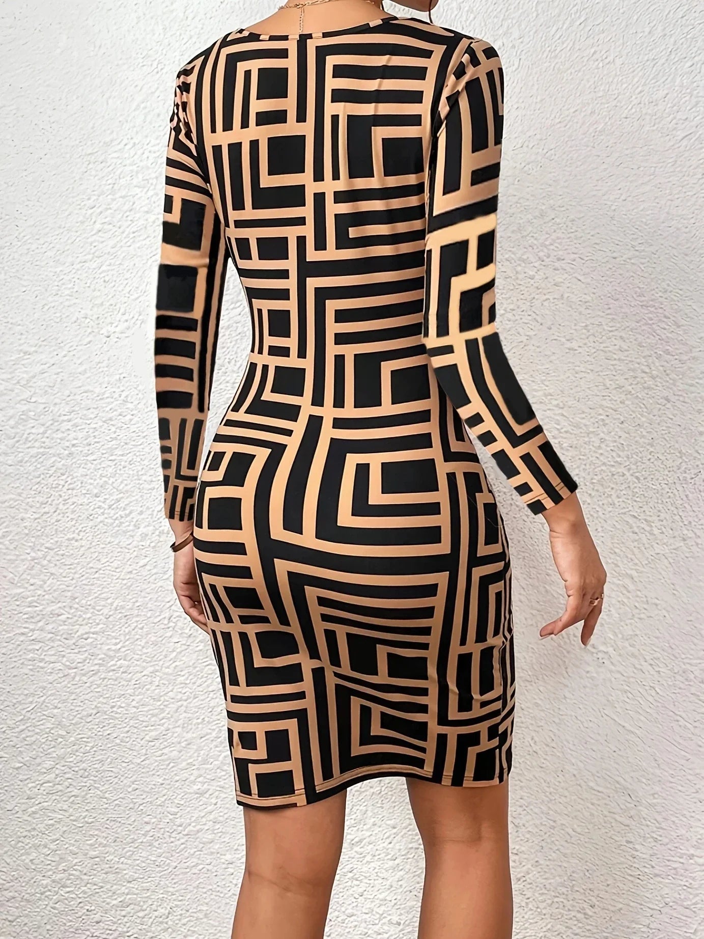 Kvinnors Bodycon Klänning Geometrisk Tryck Långa Ärmar Polyester Elastan-2