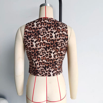 Damkort Väst Leopardmönster Polyester V-Hals-6
