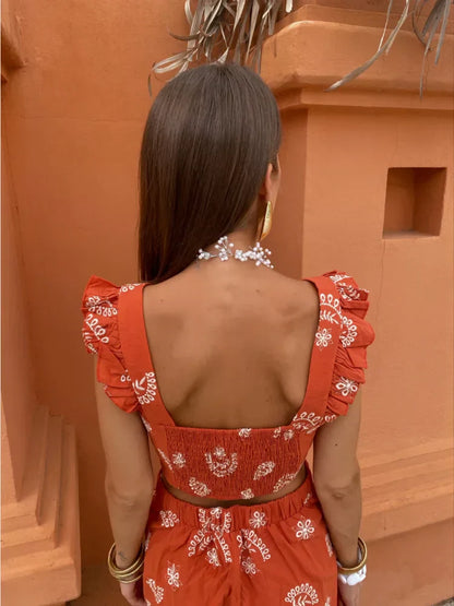 Kvinna Tvådelad Boho Uppsättning Kort Topp Midi Kjol Lätt Andningsbart Tyg-2