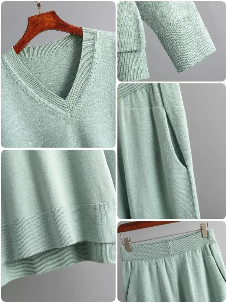 Kvinnors Lounge Set Avslappnad V-ringning Mjuk Stickad Fiber-6