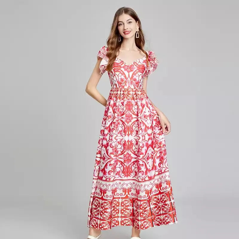 Dam Maxiklänning A-linje V-ringning Bomullsblandning-4