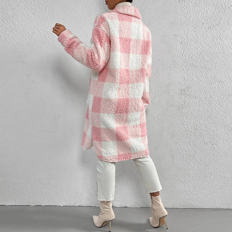 Lång Vinterjacka Dam Rutig Lammull Elegant Stil-4