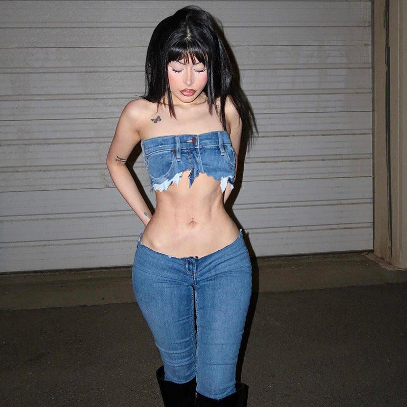 Dam Skördetopp Kort Denim Street Style-3