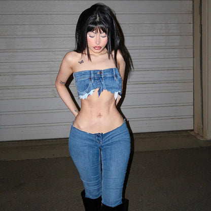 Dam Skördetopp Kort Denim Street Style-3