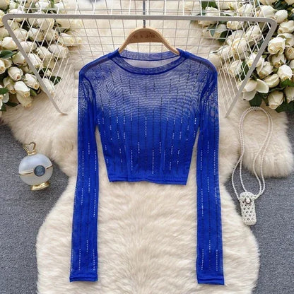 Dam Crop Top Långärmad Figurnära Polyester-5