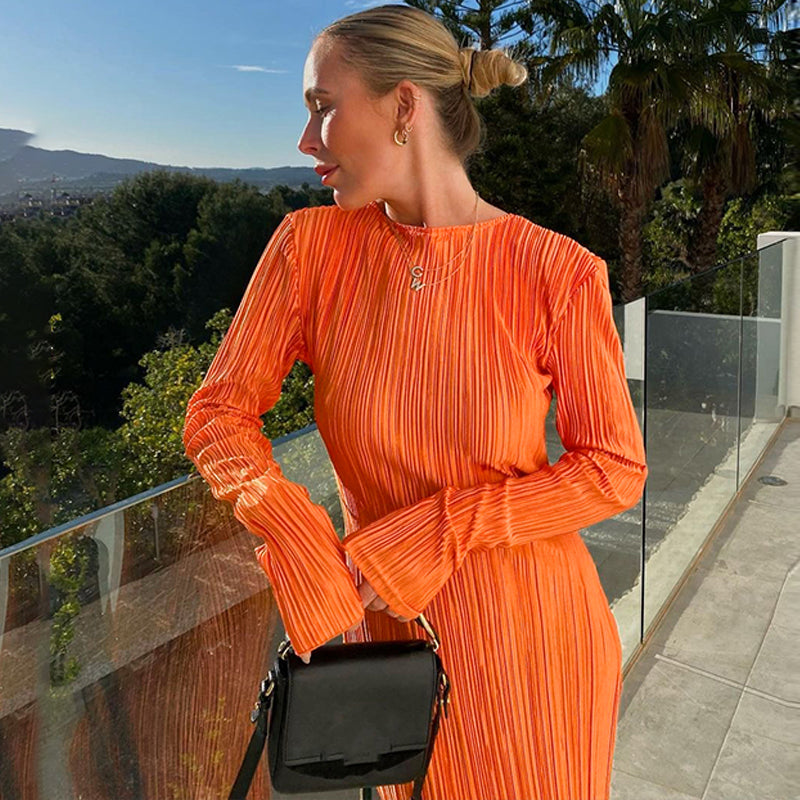 Kvinnors MIDI Klänning Justerande Långa Ärmar Första Klassens Tyg-2