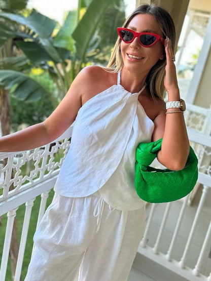 Monokrom Linnedräkt för Damer – Elegant Byxuppsättning med Reflekterande Detaljer och Elastisk Passform 6