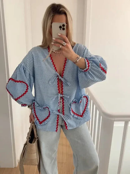 Dam Topp Löst Passform Hjärtformade Fickor 100% Bomull-5