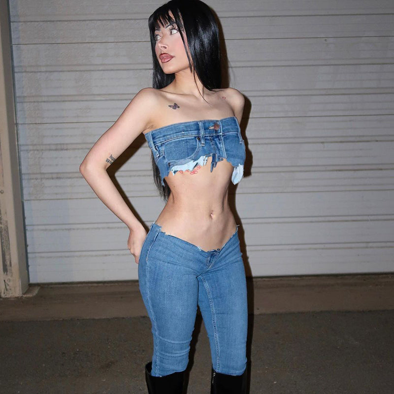 Dam Skördetopp Kort Denim Street Style-5