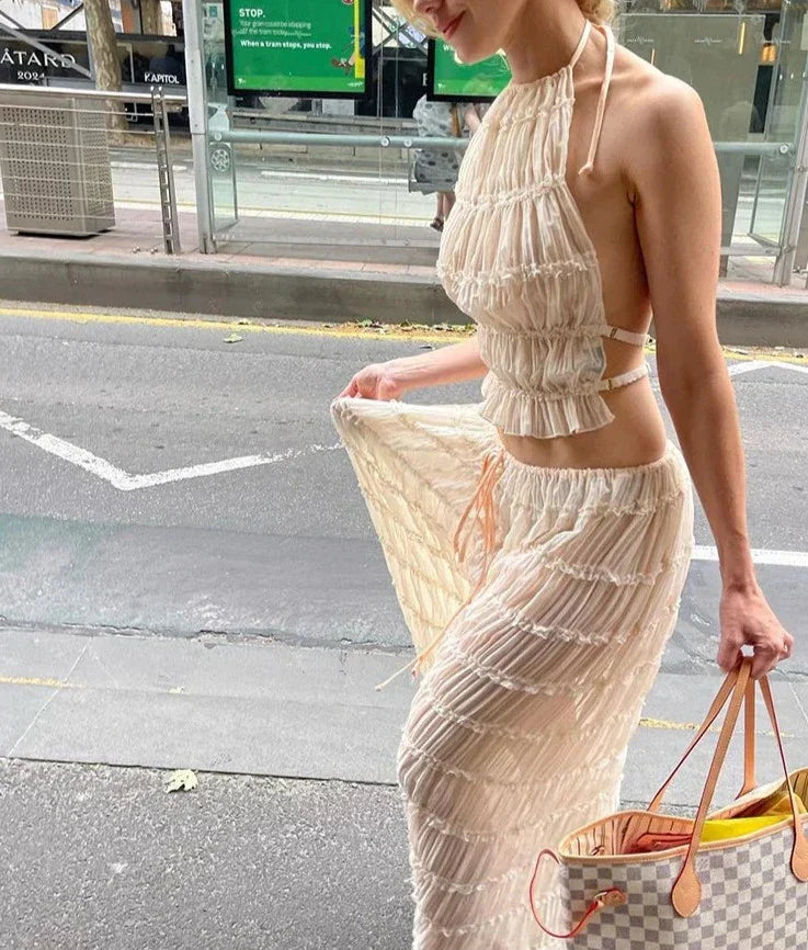 Ryggfri Topp och Breda Byxor för Damer – Andningsbart Tyg, Modern Design, Perfekt för Sommarens Tillfällen 3