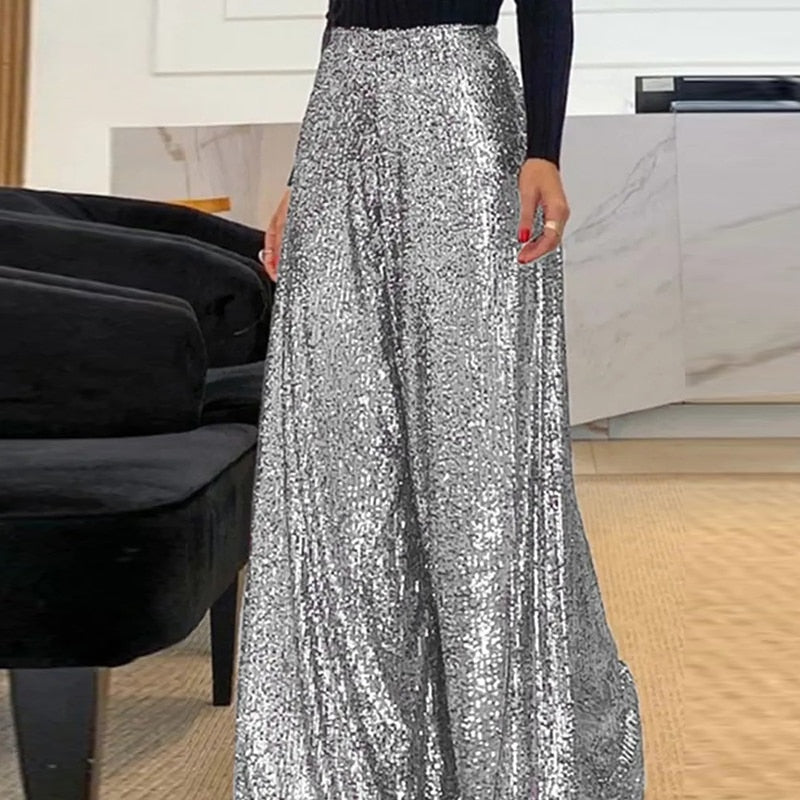 Snygga Byxor Dam Långa Paljetter Polyester Elegant-5