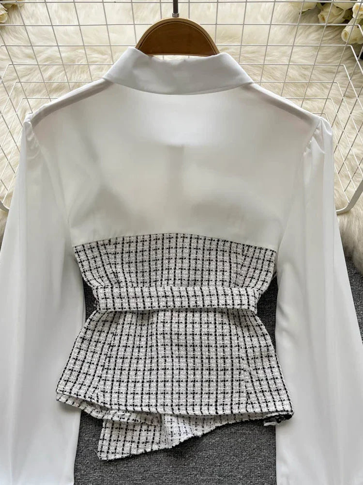 Dam Blus Patchwork Design Kort Bomull Polyester-6