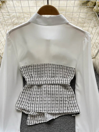 Dam Blus Patchwork Design Kort Bomull Polyester-6