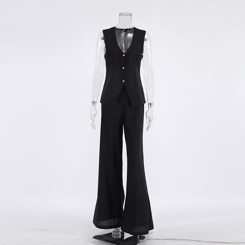 Dam Set Ärm Lös Top och Vida Byxor i Bomull-1