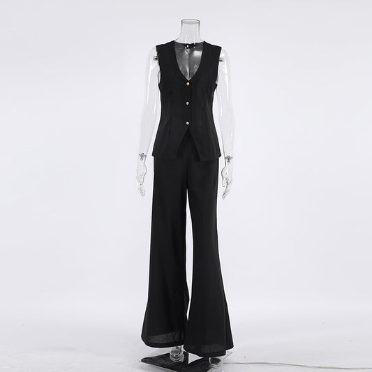 Dam Set Ärm Lös Top och Vida Byxor i Bomull-1