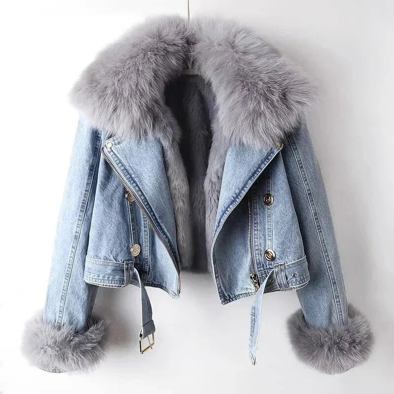 Dam Jeansjacka med Pälsdetaljer i Bomull 4