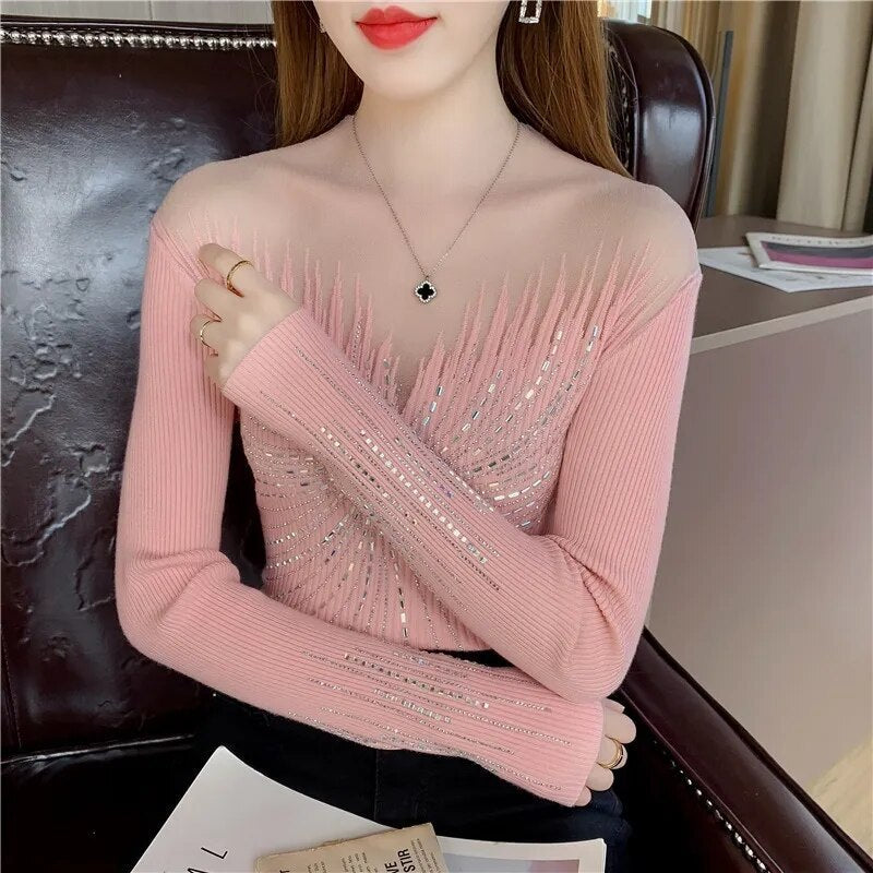 Dam Tröja Patchwork Design Polyester med Stående Krage-5