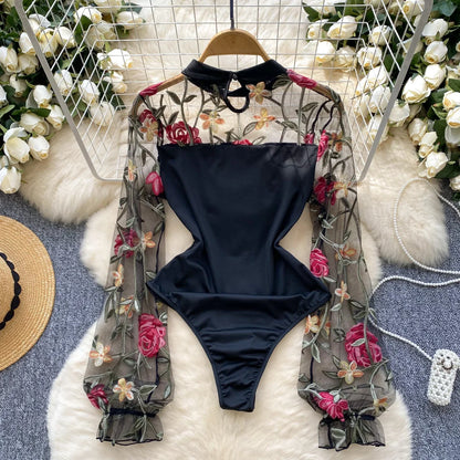 Dam Bodysuit Med Broderi Och Lappmönster Polyester-2