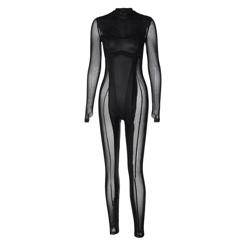 Dam Jumpsuit Långärmad Transparent Mesh Polyester-6