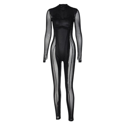 Dam Jumpsuit Långärmad Transparent Mesh Polyester-6
