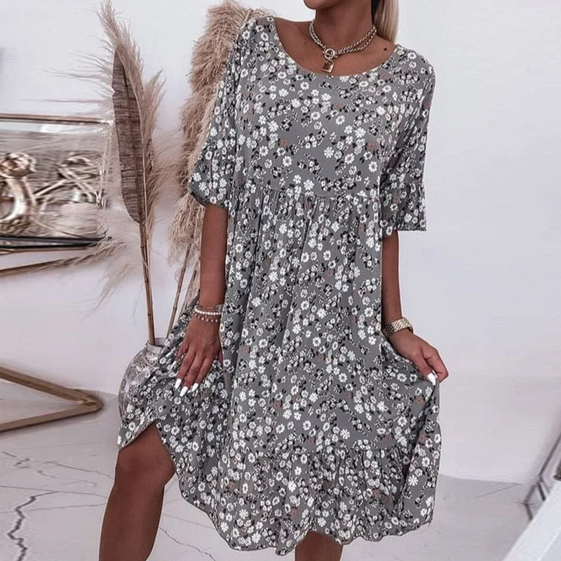 Fina Dam Klänningar Blommönster O-halsringning Bomullspolyester 2