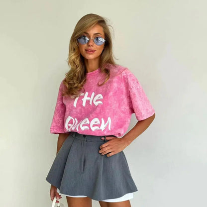 Dam T-shirt med Text The Queen Mjuk Bomull Tränings T-shirt-2