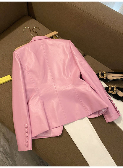 Dam Blazer Trendig Syntetiskt Läder Spetsig Krage Relaxed Fit-3