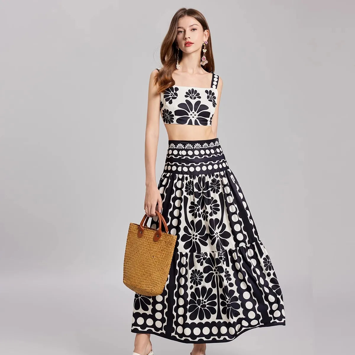 Damernas Sommarklänning Set i Polyester med Kjol och Top Ärmlös Midsommarklänning-2