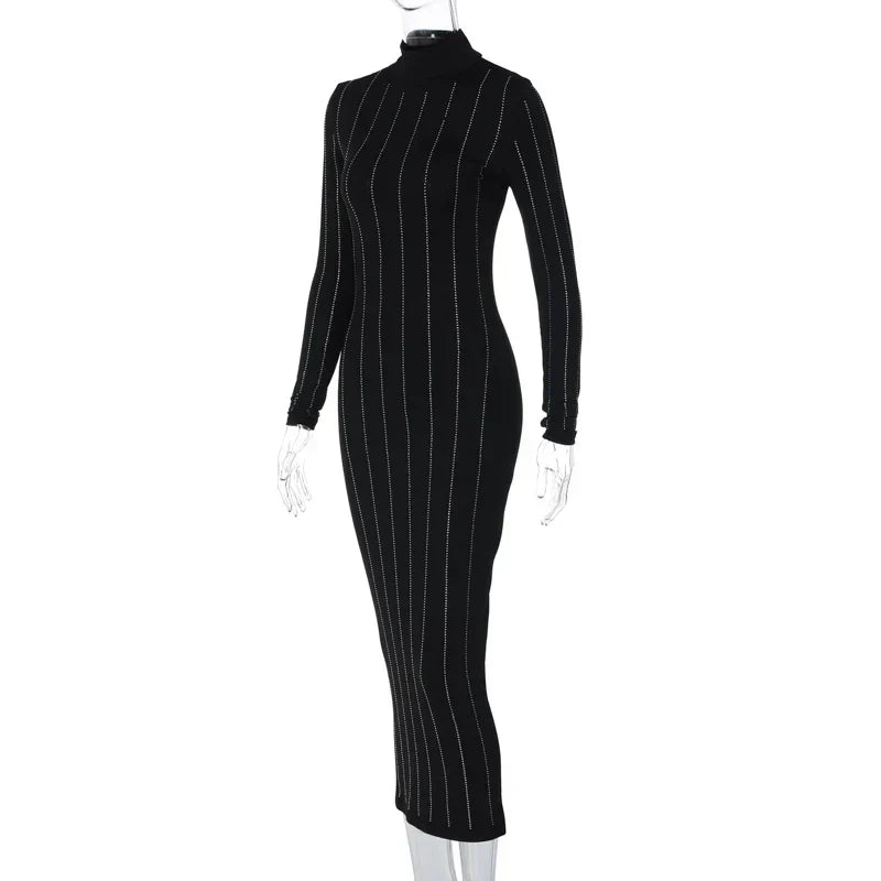 Dam Midiklänning Ribbad Turtleneck Polyester Spandex-6