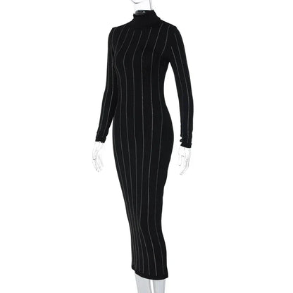 Dam Midiklänning Ribbad Turtleneck Polyester Spandex-6