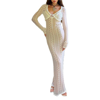 Kvinna Lång Klänning Spets Flödande Design-1