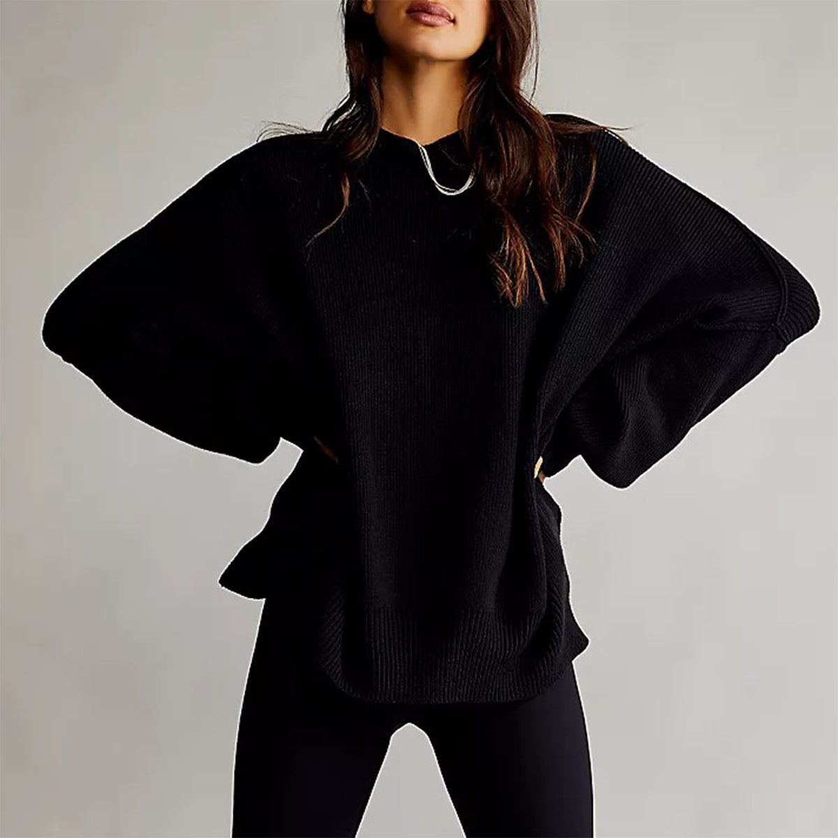 Stickad Dam Tröja Långärmad Cirkulär Halsringning Mjuk-4