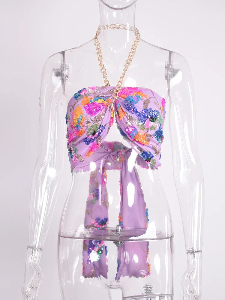 Dam Crop Top Blommönster med Paljetter Polyester-5