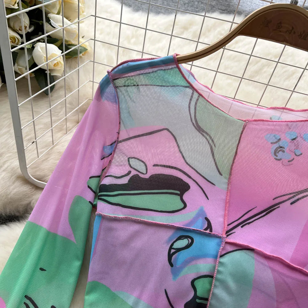 Dam Crop Top Transparent Patchwork Polyester-3