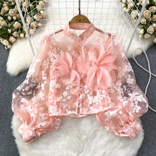 Dam Blus Blommönster Polyester Akryl Normal Passform-1