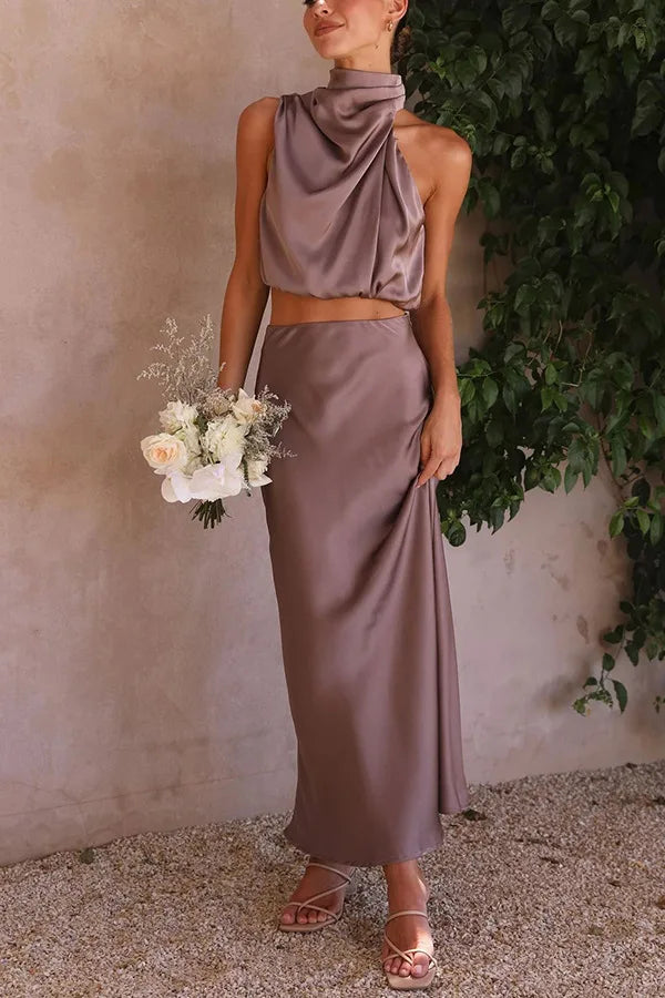 Maxiklänning Dam Halterneck Satin Elegant Lång Klänning-3